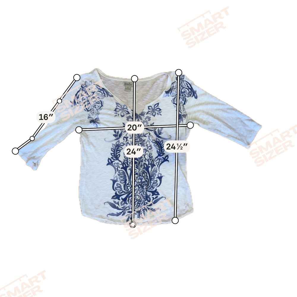 Lucky Brand Womens Top XL Cream Blue Damask V-Neck 3/4 Sleeve Slub Knit Boho - Picture 6 of 6